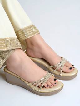 Shoetopia - Gold Slip On Wedges Heel Sandals