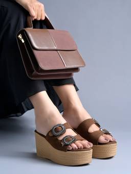 Shoetopia - Brown Embellished Wedge Heel Sandals
