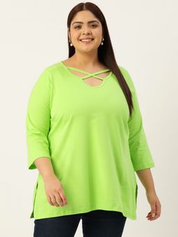 theRebelinme - Plus Size Womens Bright Green Solid Color Cut Out Detail Top