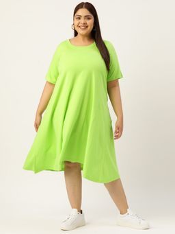 theRebelinme - Plus Size Womens Bright Green Solid Color Cotton A-Line Midi Dress