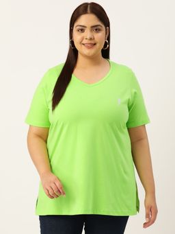 theRebelinme - Plus Size Womens Bright Green Solid Color V-Neck Cotton T-Shirt