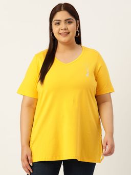 theRebelinme - Plus Size Womens Yellow Solid Color V-Neck Cotton T-Shirt