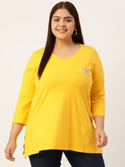 theRebelinme - Plus Size Womens Yellow Solid Color Longline Cotton T-Shirt