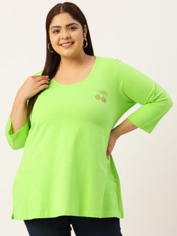 theRebelinme - Plus Size Womens Bright Green Solid Color Round Neck Cotton T-Shirt