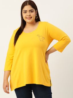 theRebelinme - Plus Size Womens Yellow Solid Color Round Neck Cotton T-Shirt