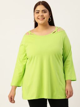 theRebelinme - Plus Size Womens Bright Green Solid Color Boat Neck Cotton Top