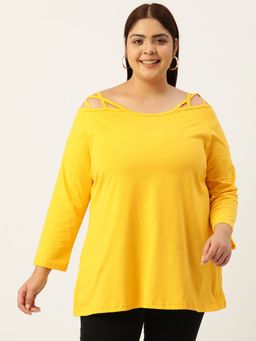 theRebelinme - Plus Size Womens Yellow Solid Color Boat Neck Cotton Top