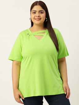 theRebelinme - Plus Size Womens Bright Green Solid Color Cut Out Neck Detail Top
