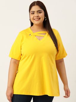 theRebelinme - Plus Size Womens Mustard Solid Color Cut Out Neck Detail Top