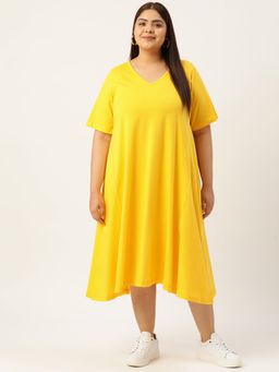 theRebelinme - Plus Size Womens Yellow Solid Color V-Neck Midi Dress