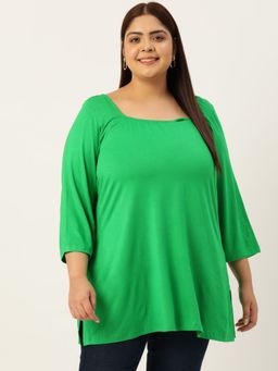 theRebelinme - Plus Size Womens Emerald Green Solid Color Viscose Knitted Longline Top