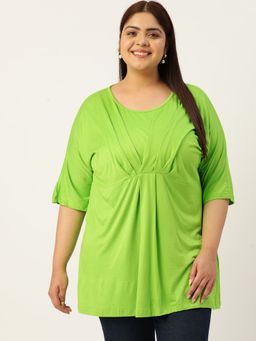 theRebelinme - Plus Size Womens Bright Green Solid Color Viscose Knitted Gather Top