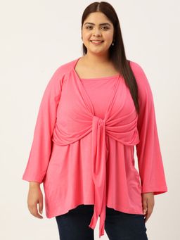 theRebelinme - Plus Size Womens Pink Solid Color Knitted Tie-Up Top