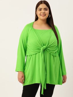 theRebelinme - Plus Size Womens Bright Green Solid Color Knitted Tie-Up Top