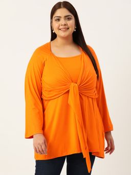 theRebelinme - Plus Size Womens Orange Solid Color Knitted Tie-Up Top