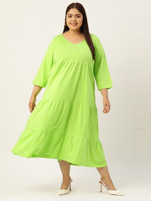 Buy theRebelinme Plus Size Womens Bright Green Solid Color Tiered Cotton  A-Line Dress Online