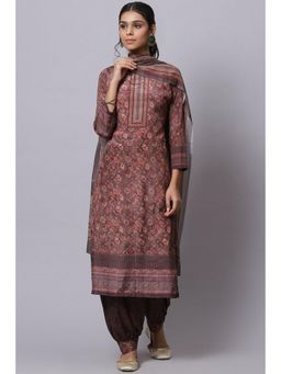 Biba - Brown Poly Crepe Unstitched Dress Material Suit Set