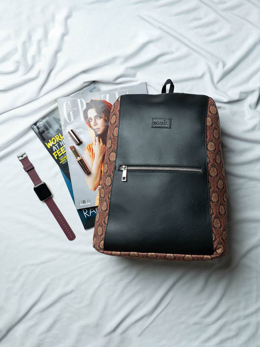 Buy Zouk Jodhpur Damask Womens Black Vegan Leather Backpack  display picture 2