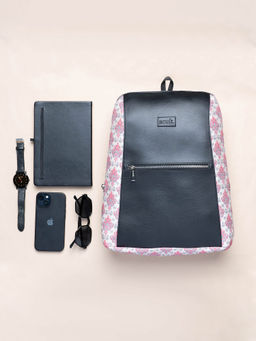 Zouk - Kashmiri Tulips Womens Black Vegan Leather Backpack-Daypack 14 Inch