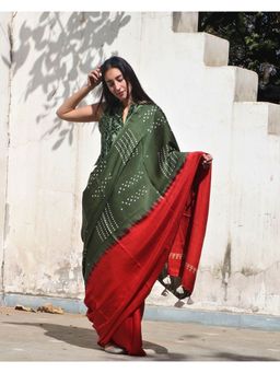 Chidiyaa - Red-Green Block Printed Modal Silk Saree