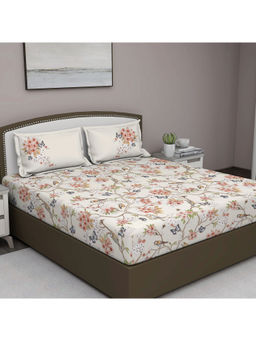 GM - Beige Peach And Green Botanical 180 Tc Cotton Queen Bedsheet With 2 Pillow Covers
