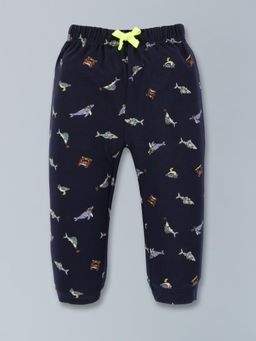 3PIN - Infant Navy Blue Cotton Printed Joggers With Drawstring Closure