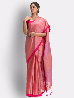 Angoshobha - Peach Handloom Zari Cotton Tissue Saree with Unstitched Blouse