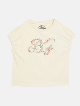 Blue Giraffe - Girls Cream Embroidered Round Neck Sleeveless T-Shirt