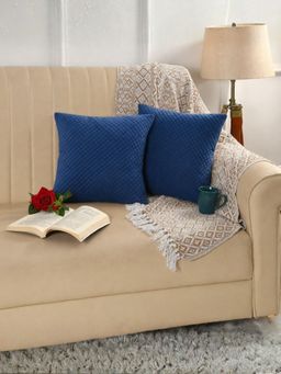 Florida - Geometric Quilted Velvet Cushion Cover - Blue (Pack of 2)