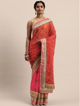 Vastranand - Red & Beige Printed Bandhani Saree with Unstitched Blouse