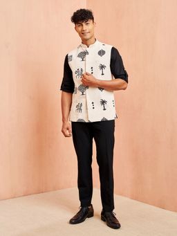 Vastramay - Men Black Block Print Nehru Jacket with Kurta