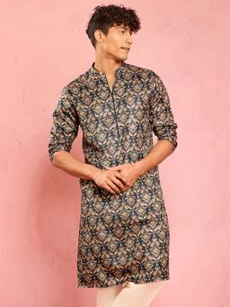 Vastramay - Men Bottle Green Silk Blend Foil Print Kurta
