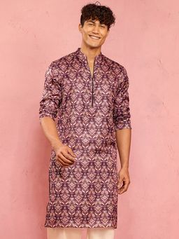 Vastramay - Men Purple Silk Blend Foil Print Kurta