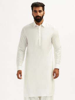 Vastramay - Men White Solid Cotton Shirt Collar Pathani Kurta