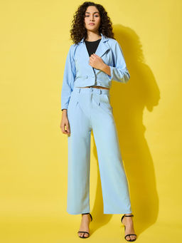 Buynewtrend - Sky Blue Women Solid Polyester Stylish Cropped Co-Ord (Set of 2)