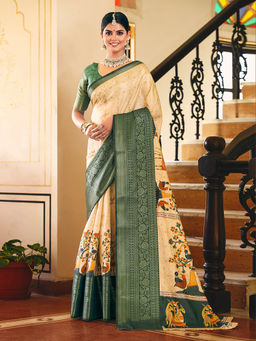 Pink Ethnic - Beige and Green Banarasi Silk Zari Woven Saree with Unstitched Blouse