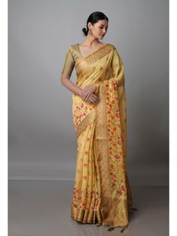 Unnati Silks - Cream Chanderi Silk Saree with Unstitched Blouse