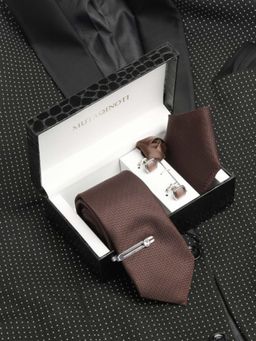 MUTAQINOTI - Men Textured Brown Tie Pocket Square Lapel Pin With Brooch & Cufflinks