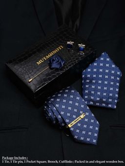 MUTAQINOTI - Men Printed Blue Tie Pocket Square Lapel Pin With Brooch & Cufflinks