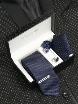 MUTAQINOTI - Men Printed Blue Tie Pocket Square Lapel Pin With Brooch & Cufflinks