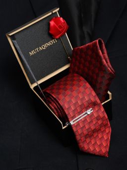 MUTAQINOTI - Men Printed Red Tie With Pocket Square & Lapel Pin