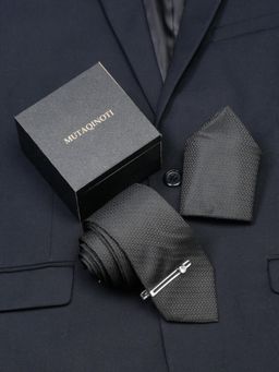 MUTAQINOTI - Men Printed Black Tie With Pocket Square & Lapel Pin