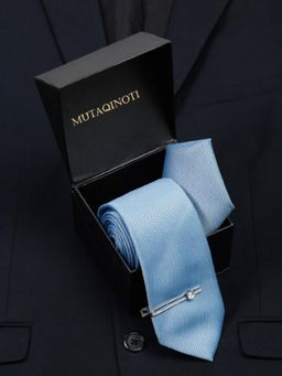 MUTAQINOTI - Men Printed Blue Tie With Pocket Square & Lapel Pin