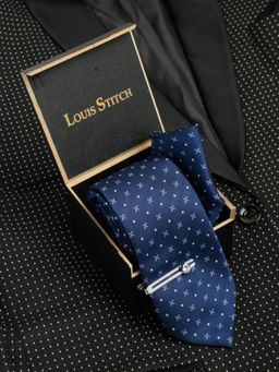 MUTAQINOTI - Men Printed Blue Tie With Pocket Square & Lapel Pin