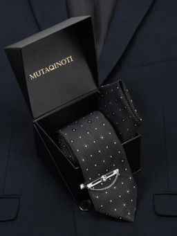 MUTAQINOTI - Men Printed Black Tie With Pocket Square & Lapel Pin