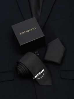 MUTAQINOTI - Men Printed Black Tie With Pocket Square & Lapel Pin