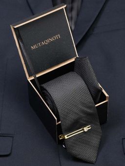 MUTAQINOTI - Men Solid Black Tie With Pocket Square & Lapel Pin