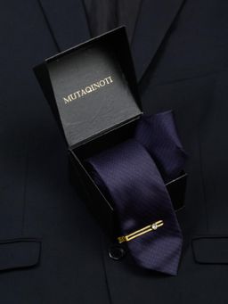 MUTAQINOTI - Men Solid Blue Tie With Pocket Square & Lapel Pin