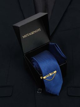 MUTAQINOTI - Men Printed Blue Tie With Pocket Square & Lapel Pin