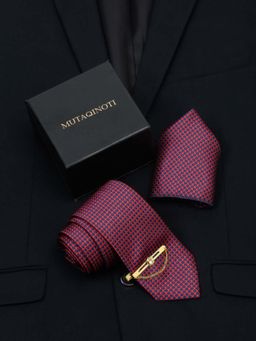 MUTAQINOTI - Men Printed Red Tie With Pocket Square & Lapel Pin